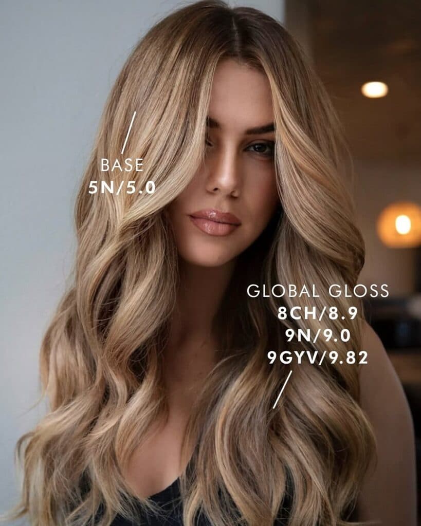 Long, dimensional honey bronde hair with a soft shadow root, seamless beige-blonde ribbons and face-framing highlights. Styled in loose waves to showcase lived-in blonde dimension and shine. with color formulas