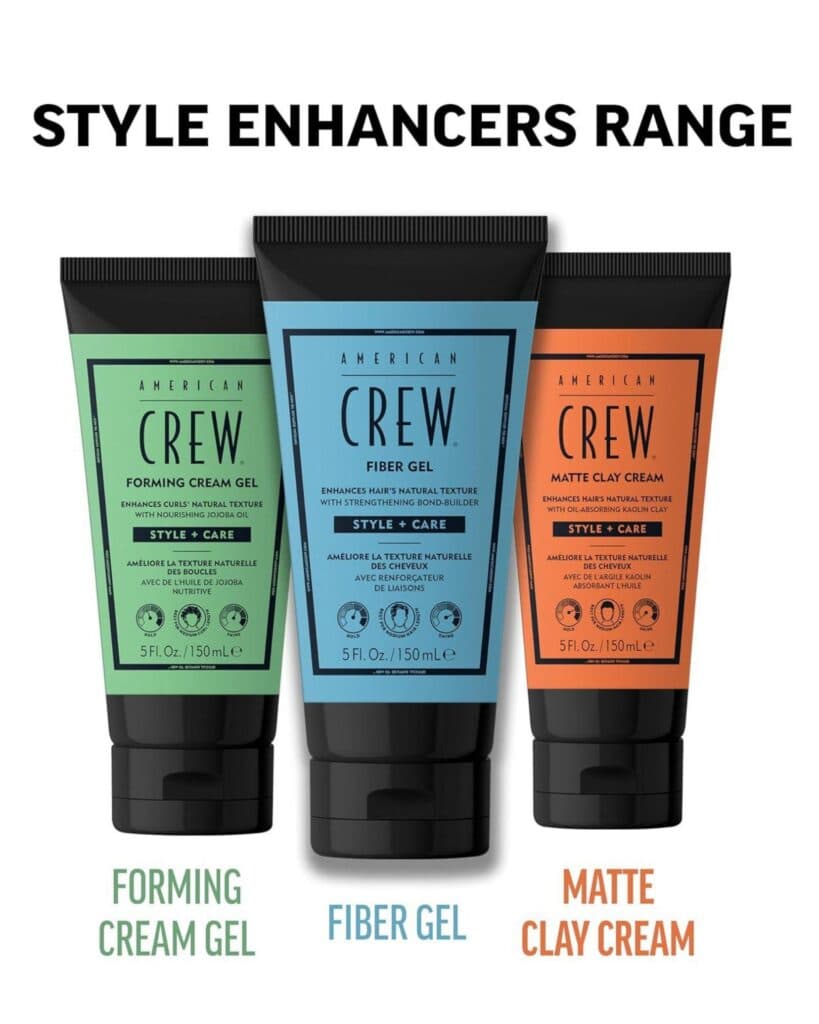 Three American Crew Style Enhancers products: Forming Cream Gel, Fiber Gel and Matte Clay Cream.
