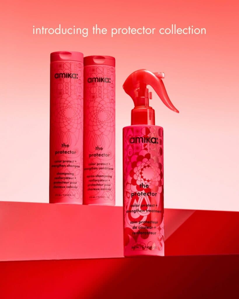 amika The Protector Collection featuring a shampoo, conditioner and treatment spray for color-treated hair.